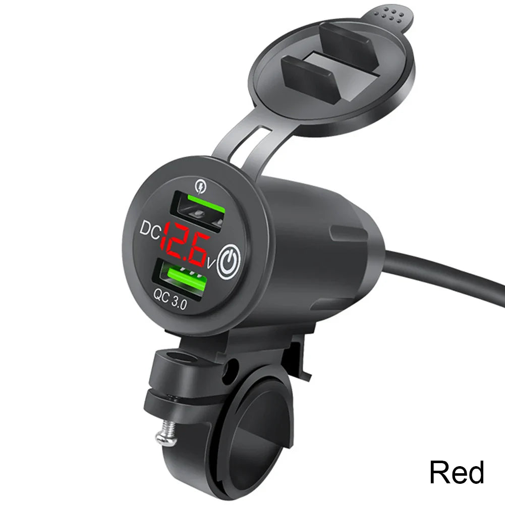 Dual QC 3.0 Waterproof Motorcycle USB Charger with Voltmeter