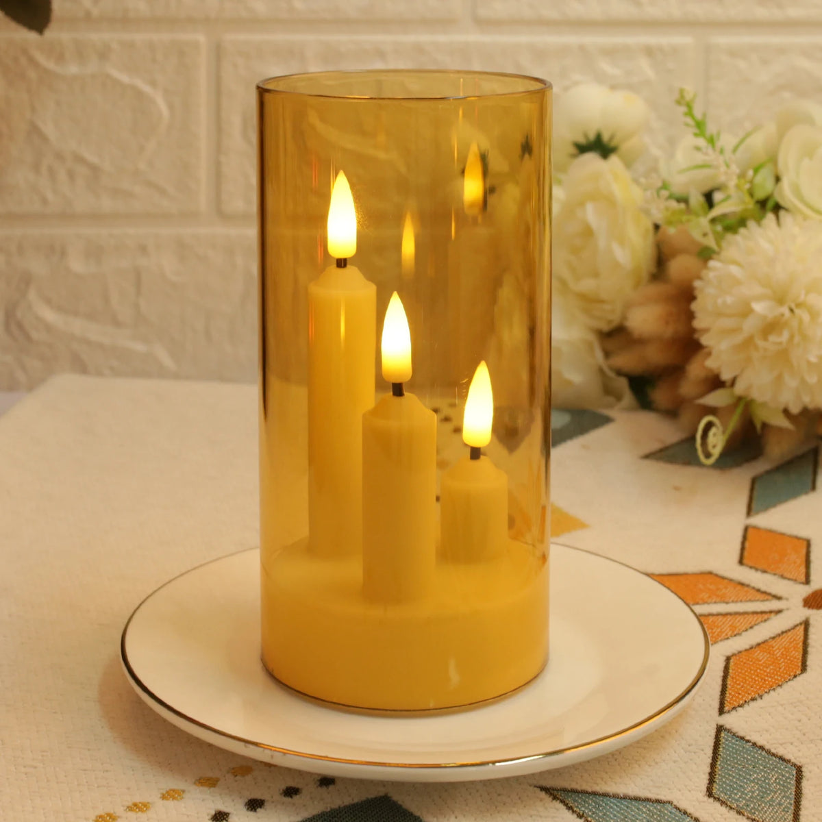 Flameless 3 in 1 LED Taper Candles with 15CM Lampshade Battery Operated Flickering Electric Window Candles for Christmas Wedding Peaceful Pleasures Health and Wellness Gold 5pcs