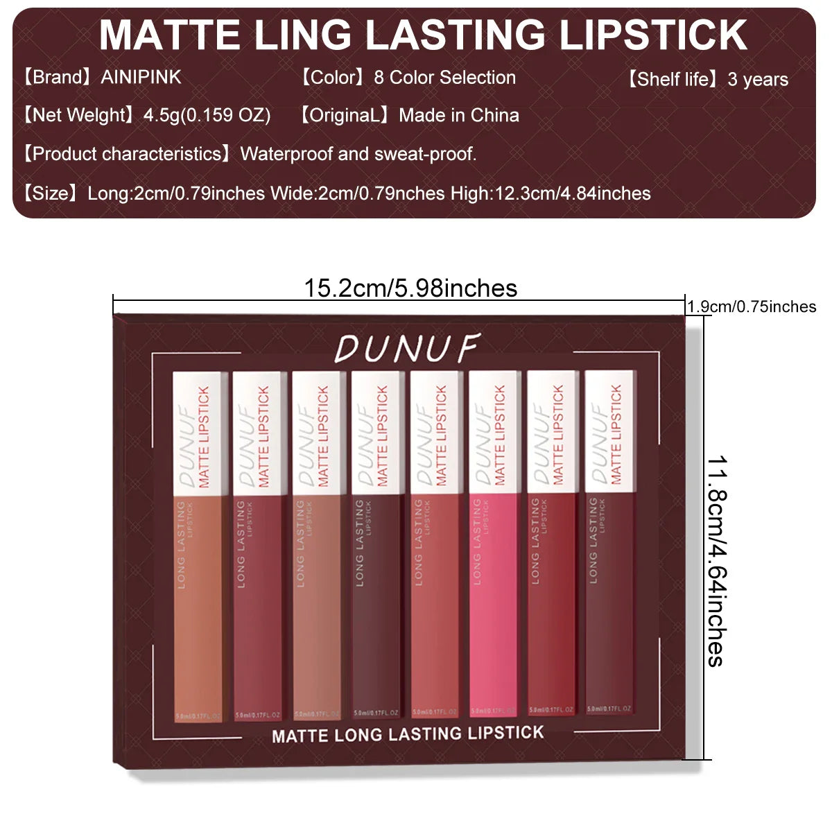 DUNUF 8-Piece Matte Lipstick Set – Waterproof Long-Lasting Nudes