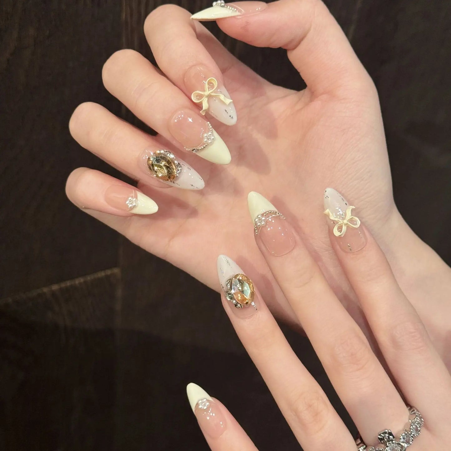 10pcs Handmade Almond Press on Nails White Bow Large Crystal Design False Nails Wearable Full Cover French Girl False Nail Tips Peaceful Pleasures Health and Wellness L