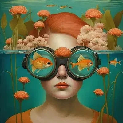 Surrealism Woman & Fish Canvas Wall Art | Fantasy Portrait Print
