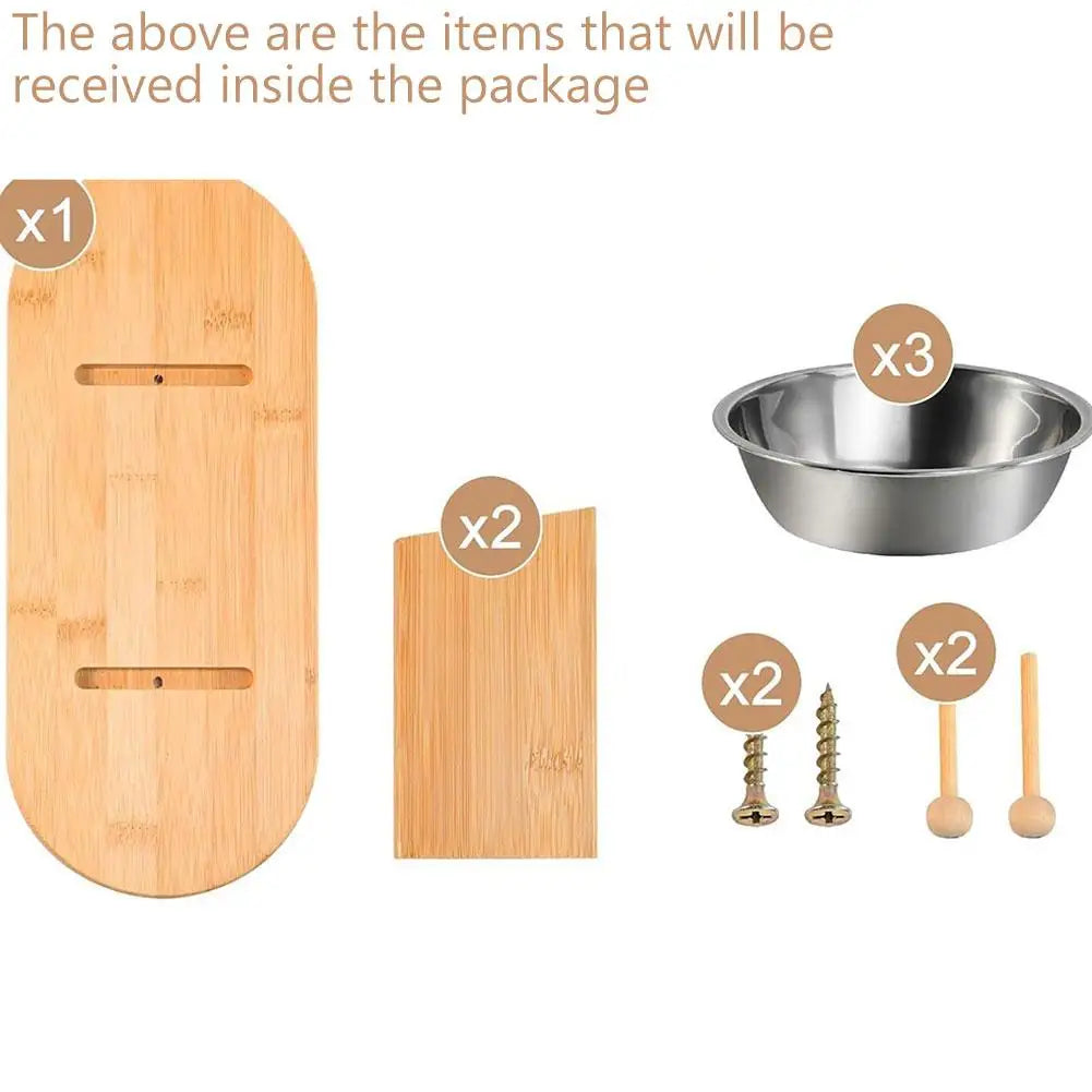 Elevated Wood Pet Feeder with 3 Stainless Steel Bowls | Cat & Dog