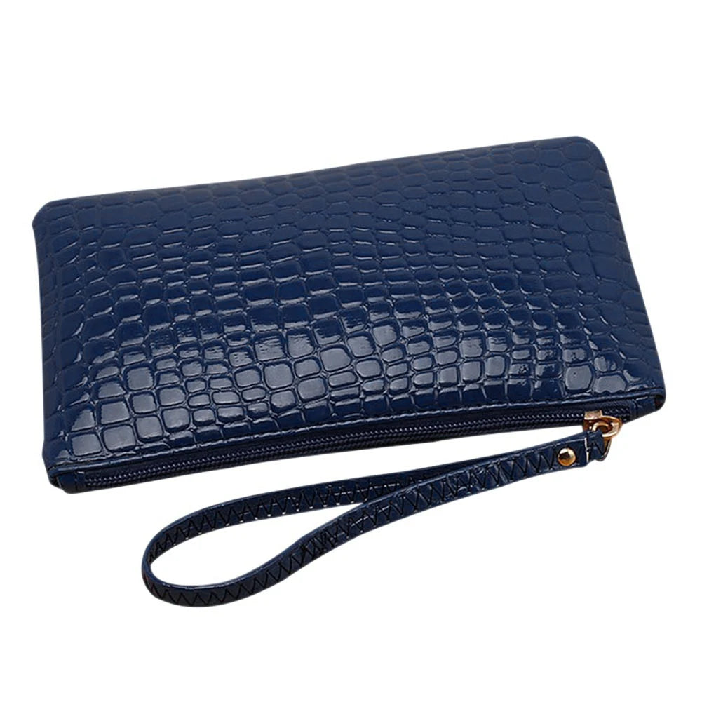 Crocodile Texture PU Phone Wallet Clutch Purse With Zipper Card Holder Makeup Pouch For Shopping Work And Daily Use Women Peaceful Pleasures Health and Wellness Blue