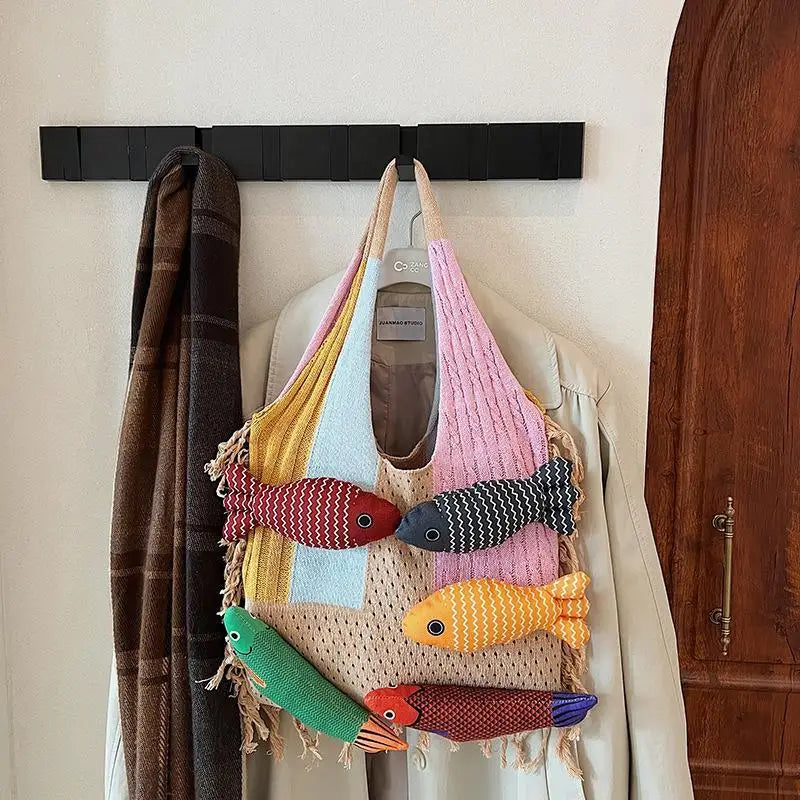 Fish Tassel Knitted Shoulder Bag – Casual Tote for Women & Girls