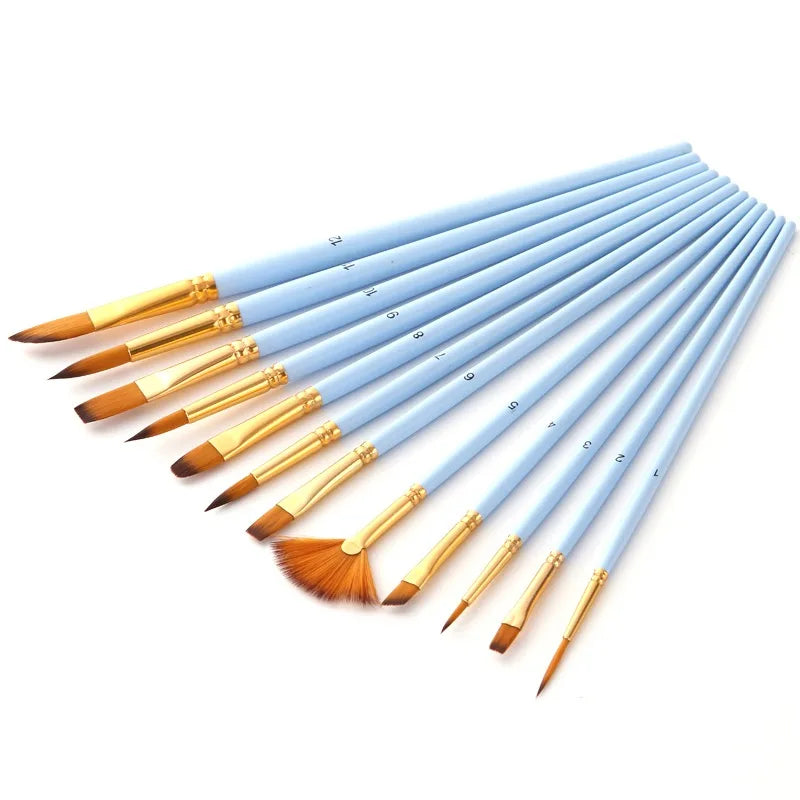 Portable 12 Pcs Painting Brush Set Multipurpose for Canvas Glass Ceramic Durable Bamboo Handle with Pouch Travel Art Supplies Peaceful Pleasures Health and Wellness blue 12pcs