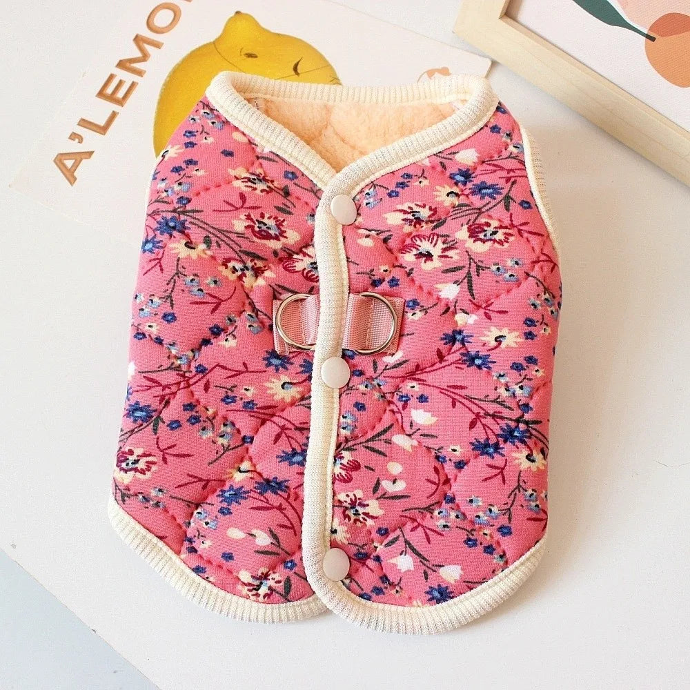 Floral Fleece Dog Vest | Warm Winter Coat for Small Dogs