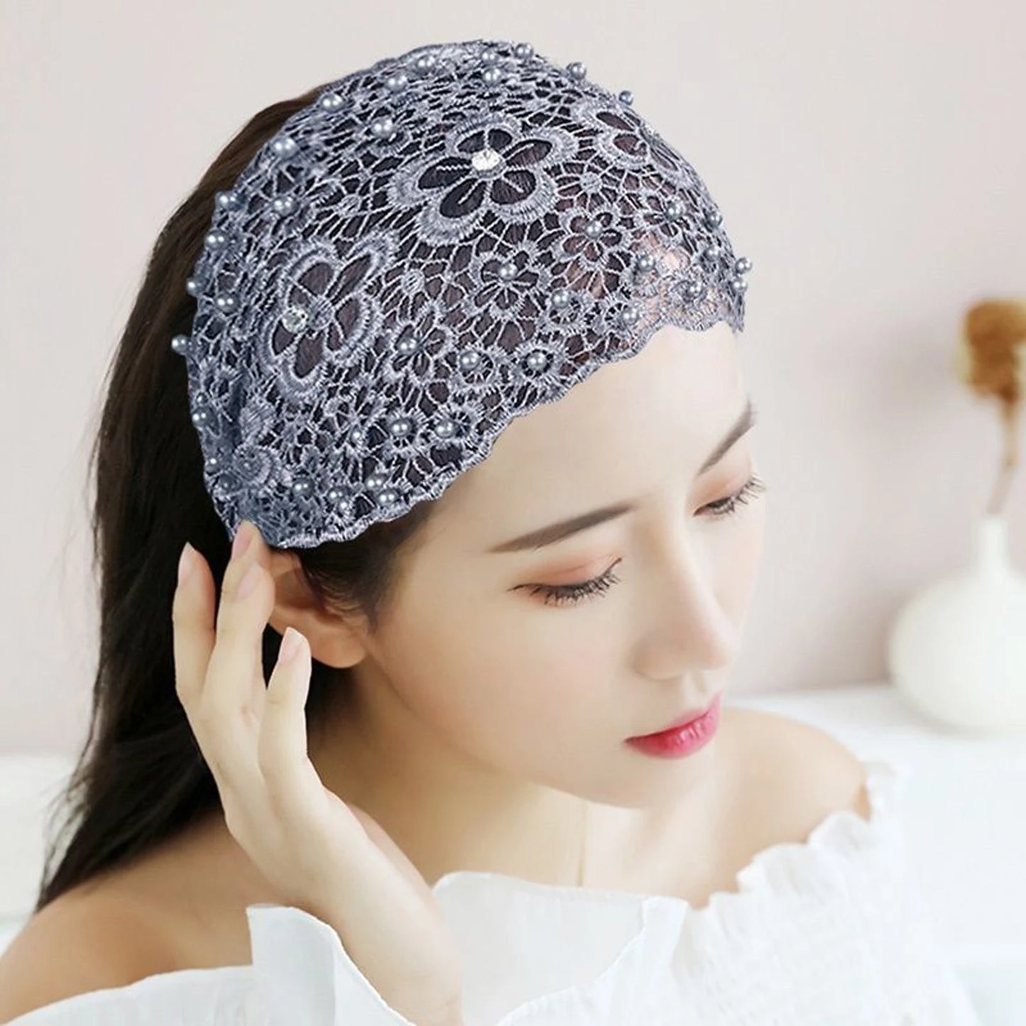 Women's Hollow Floral Rhinestone Wide Headband | Faux Pearl