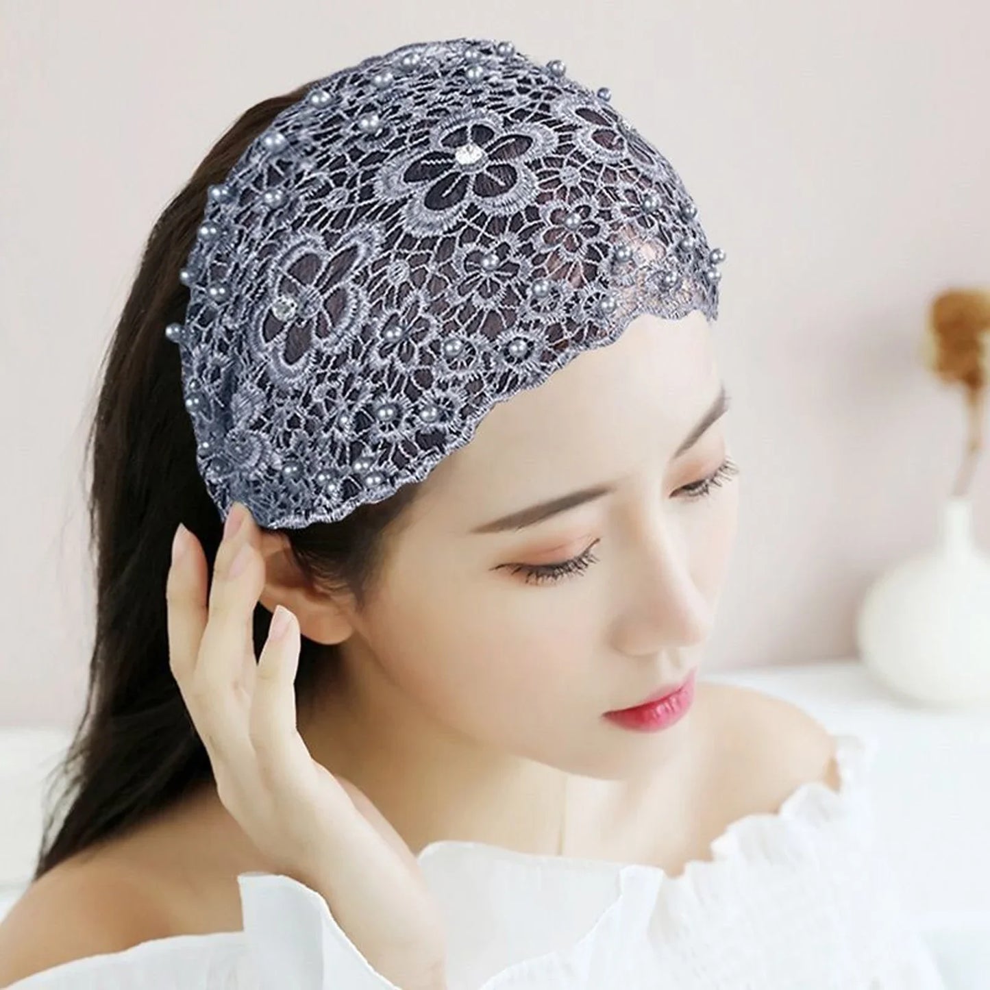 Women's Hollow Floral Rhinestone Pearl Wide Headband | Hair Band