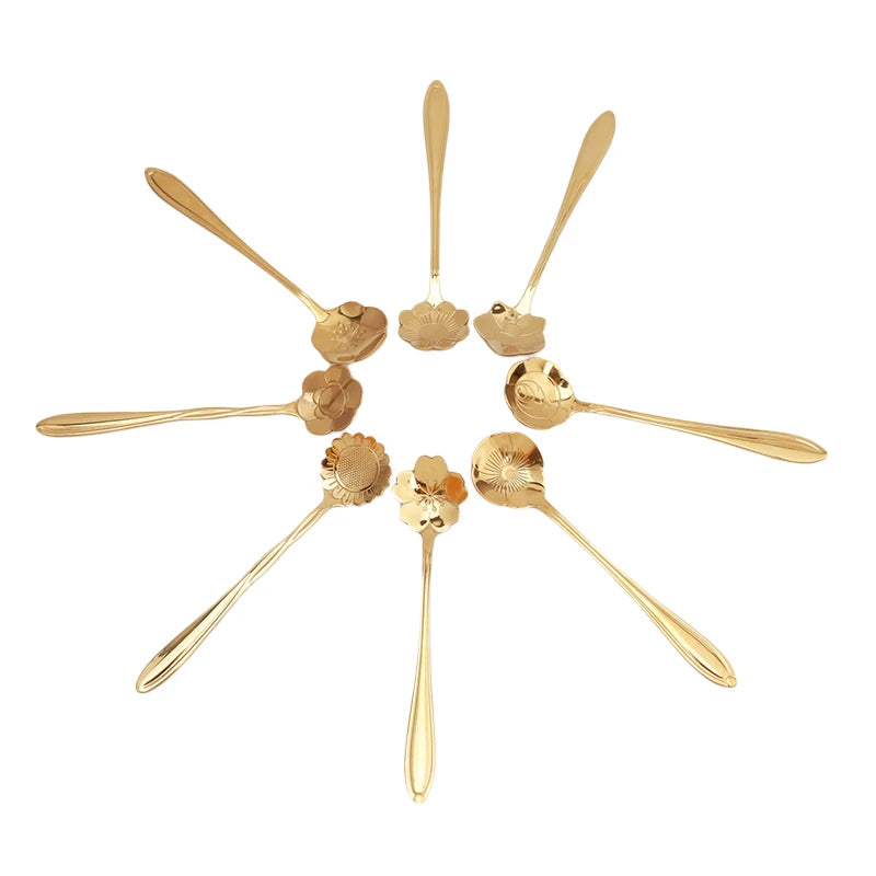 8Pcs/Set Flowers Design Gold Spoon Long Handle Dessert Tea Coffee Mixing Spoon Stainless Steel Vintage Teaspoons Drink Tableware Peaceful Pleasures Health and Wellness golden