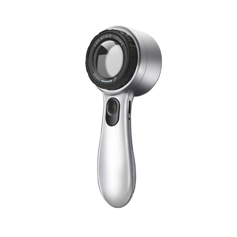 Identification Magnifying Glass with Scale, Four Types of Light Sources, Switching Charging Touch Switch Peaceful Pleasures Health and Wellness Silver