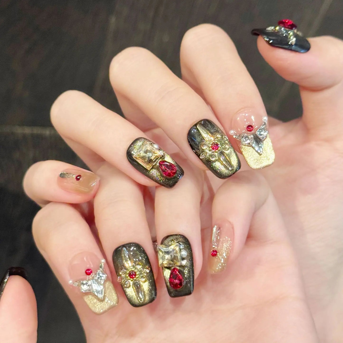 Handmade Burgundy Red Press On Nails – Glitter Cat Eye 10pcs