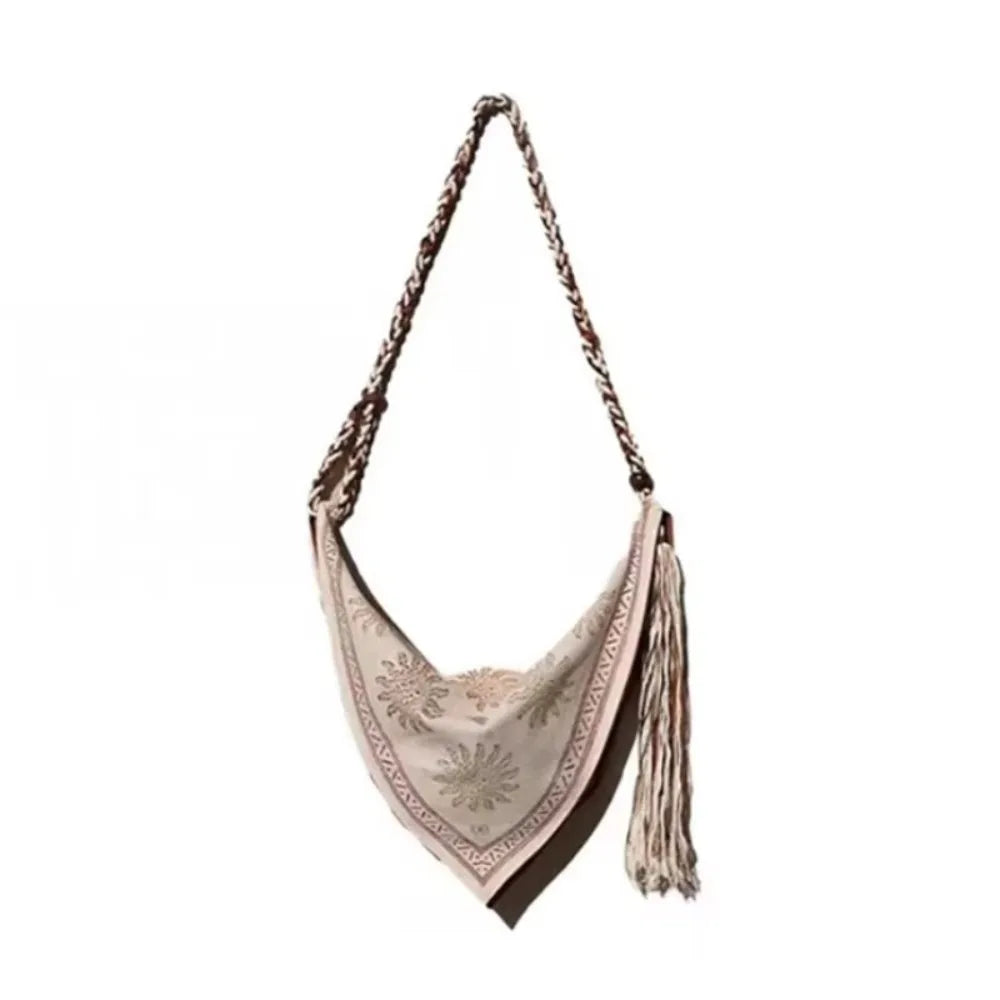 Bohemian Triangle Crossbody Bag | Linen Print Tassel Messenger Bag Crossbody Shoulder Bag Peaceful Pleasures Health and Wellness Apricot