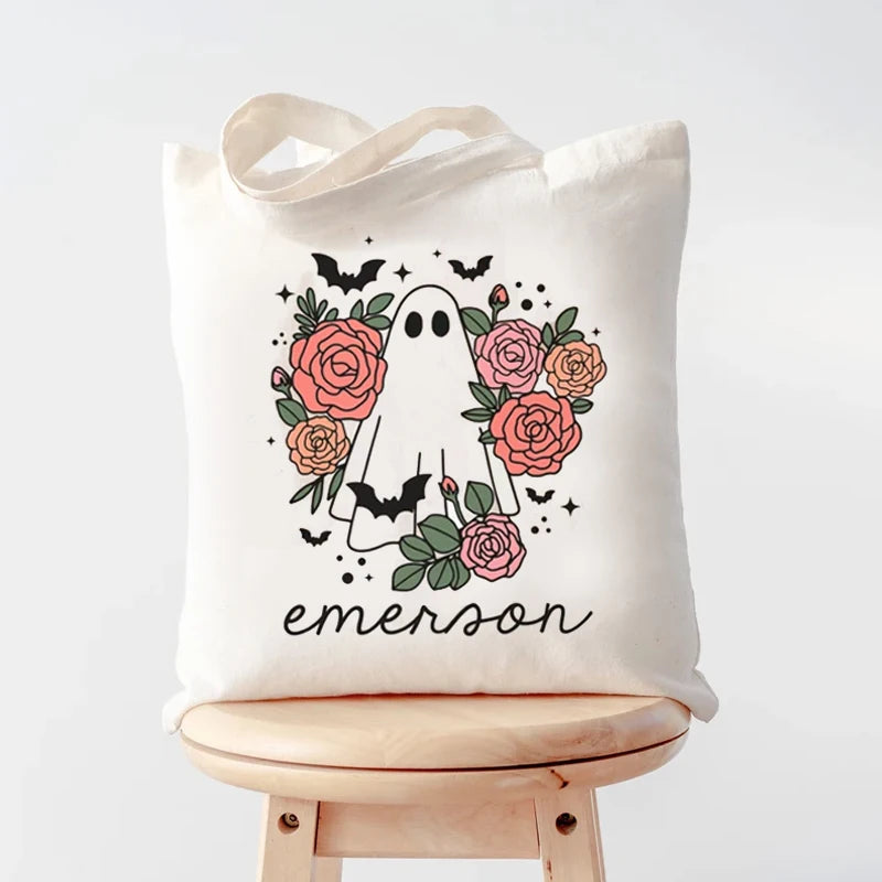 Personalized Ghost Flower Canvas Tote | Kids Halloween Candy Bag Personalized Tote Bag Peaceful Pleasures Health and Wellness