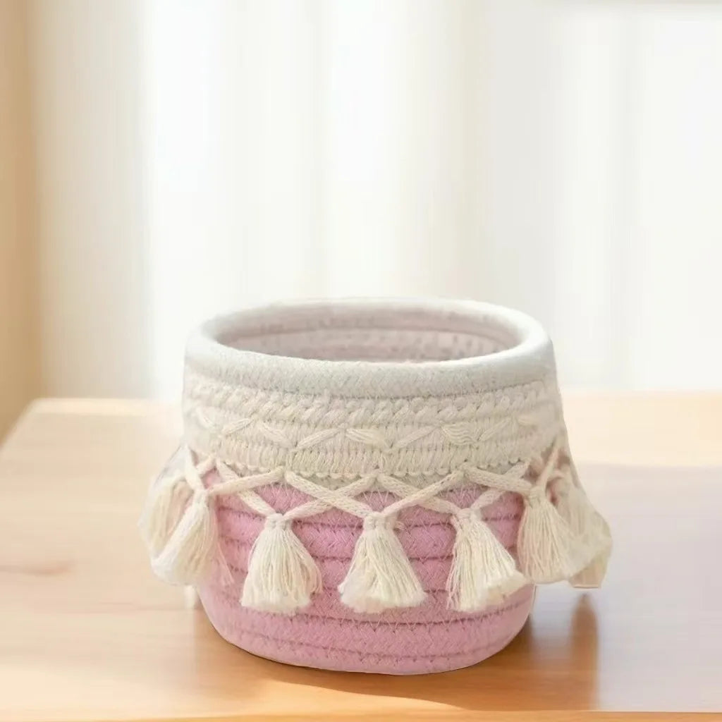 New Tassel Style Makeup Brush Holder Desktop Cotton Rope Compiled Storage Box For Cosmetic Storage Basket Cosmetic Organizer Box Peaceful Pleasures Health and Wellness Pink 12 10cm