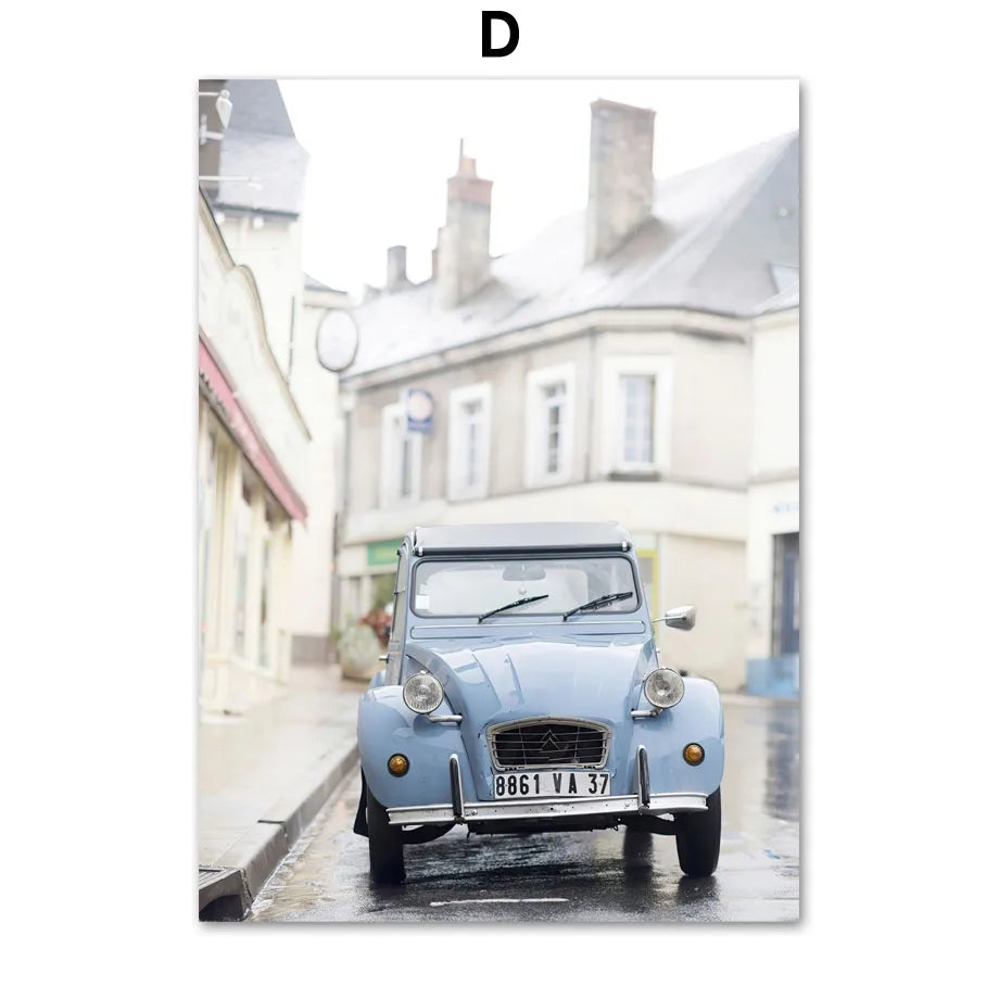 Nordic Retro Canvas Wall Art | Cars, Bikes & Flowers Poster
