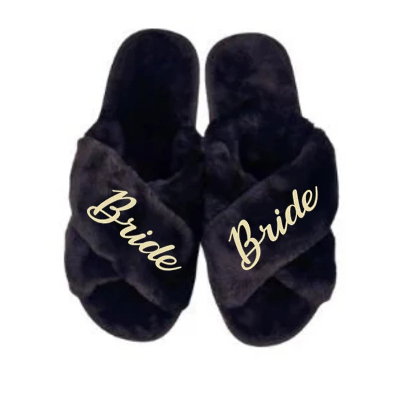 Bride Fluffy Cross Slippers | Bridal Shower & Wedding Gift Bridal Slippers Peaceful Pleasures Health and Wellness black XL