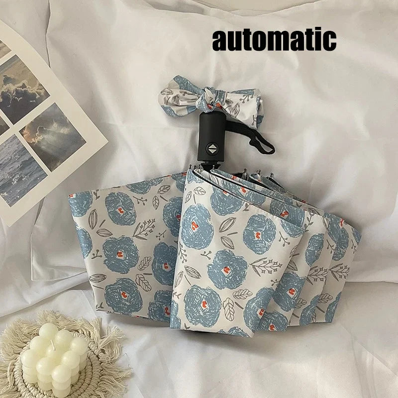 Blue Floral Automatic Folding Umbrella – UV Sun Protection