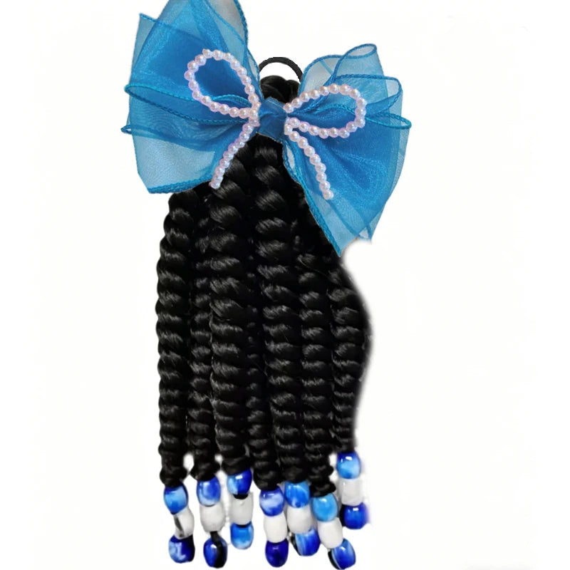 2pcs Toddler Girls Braided Wig Hair Extensions, Beaded Elastic Ponytail Holders,Organza Pearl Bow Clip, Princess Hair Ornaments Peaceful Pleasures Health and Wellness bow ponytail 4