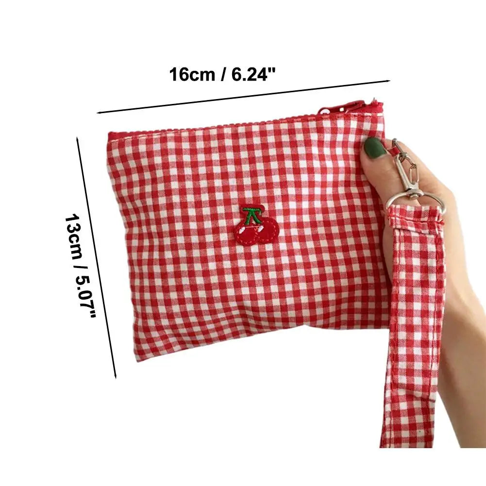 Red Cherry Canvas Makeup Bag, Portable and Easy to Carry. Red Plaid, Large Capacity Cosmetic Lipstick Storage Bag. Peaceful Pleasures Health and Wellness
