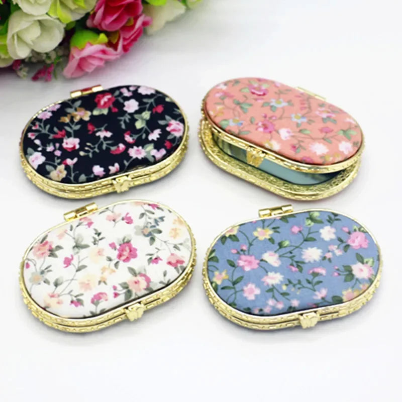 1pc Mini Makeup Compact Pocket Floral Mirror Portable Two-side Folding Make Up Mirror Women Vintage Cosmetic Mirrors for Gift Peaceful Pleasures Health and Wellness Ellipse-Random