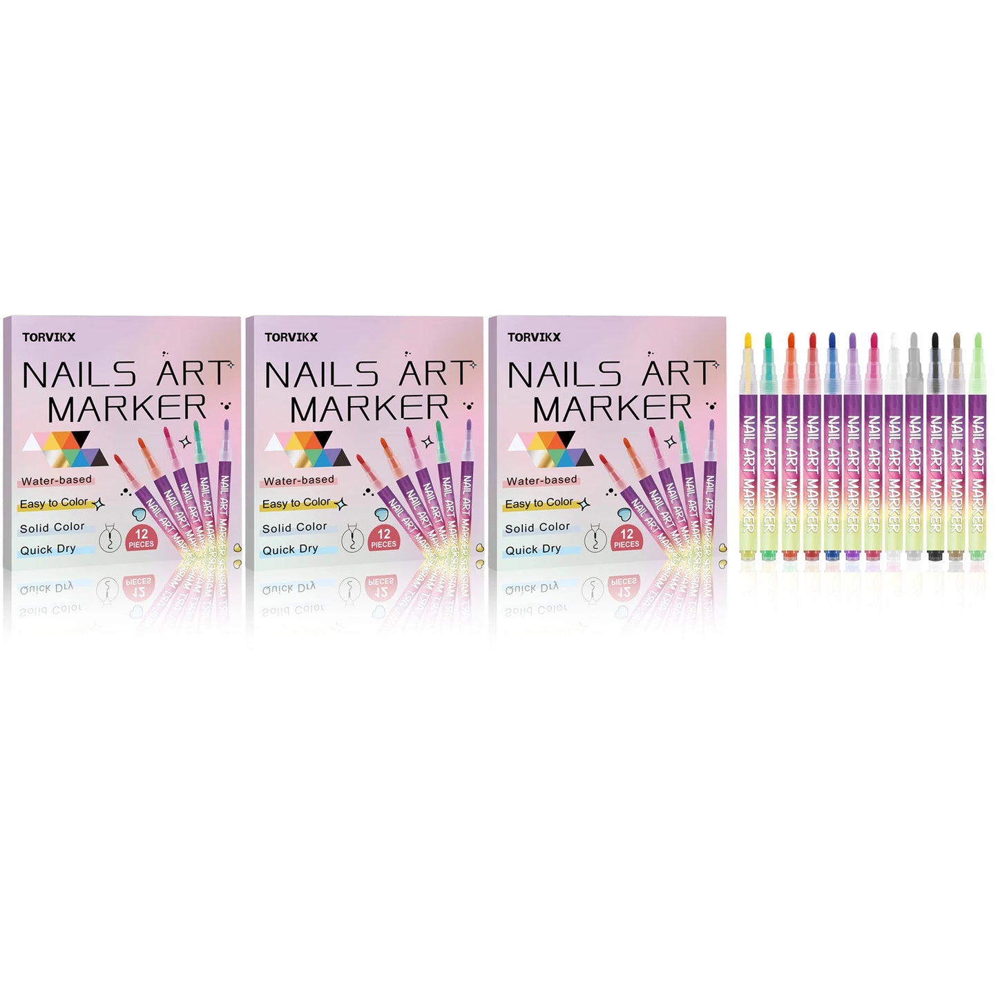 Nail Art Marker Pens Set Nourishing DIY Manicure Long‑lasting Smudge‑proof Quick-Dry 12 Colors Water‑based Nail Graffiti Pens Peaceful Pleasures Health and Wellness 3 x 12PCS Boxed