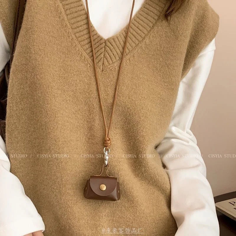Retro Leather Mini Necklace Pouch | Earphone & Coin Storage Bag