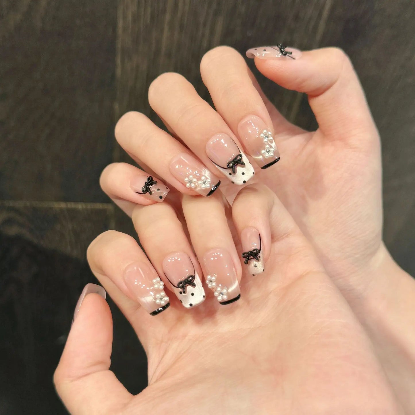 10pcs Handmade Press on Nails Black Bow Design Fake Nails Wearable Full Cover Shiny Nude Pink Cat Eye French Fake Nail Tips Peaceful Pleasures Health and Wellness L 2