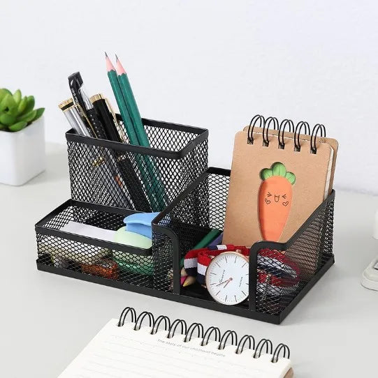 Black Mesh Desk Organizer – 3-Compartment Pencil Holder Caddy