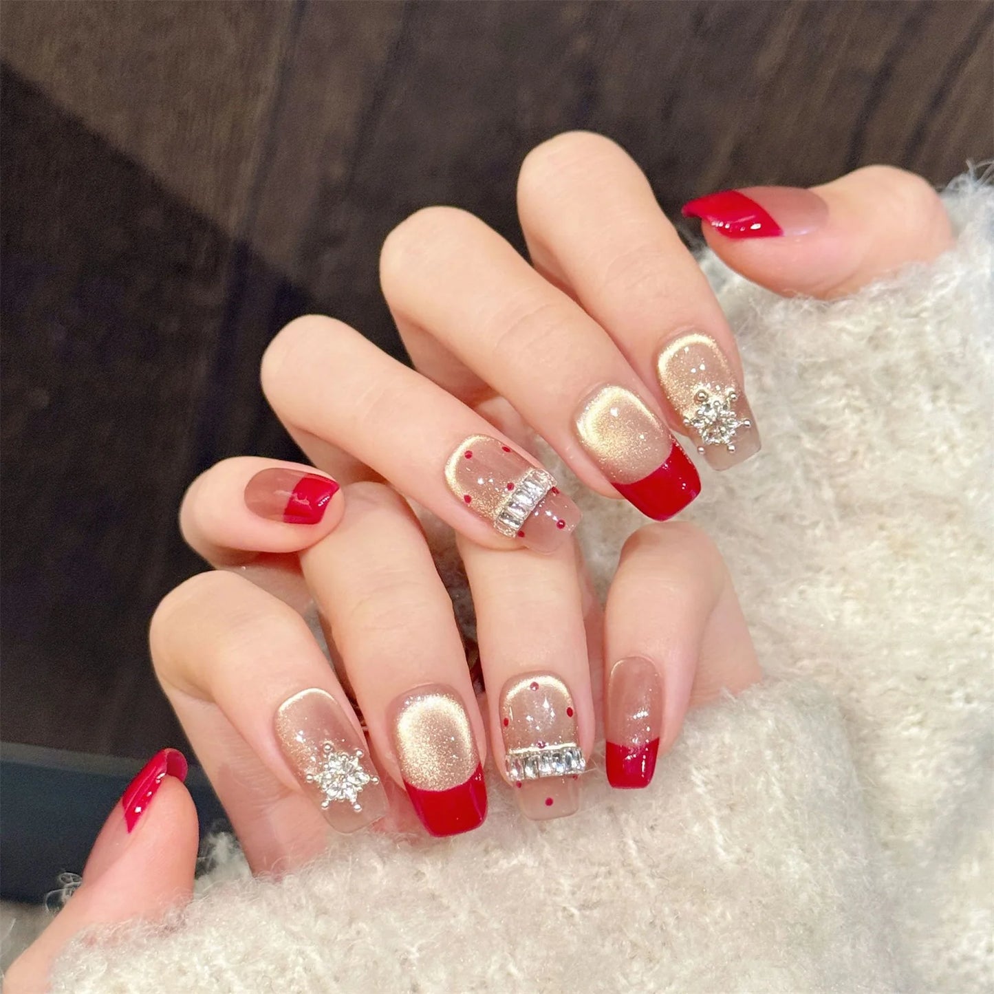 10pcs Handmade Press on Nails Gold Crystal Cat's Eye Fake Nails Wearable Champagne Rhinestone False Nails Elegant Red French Tip Peaceful Pleasures Health and Wellness S 1