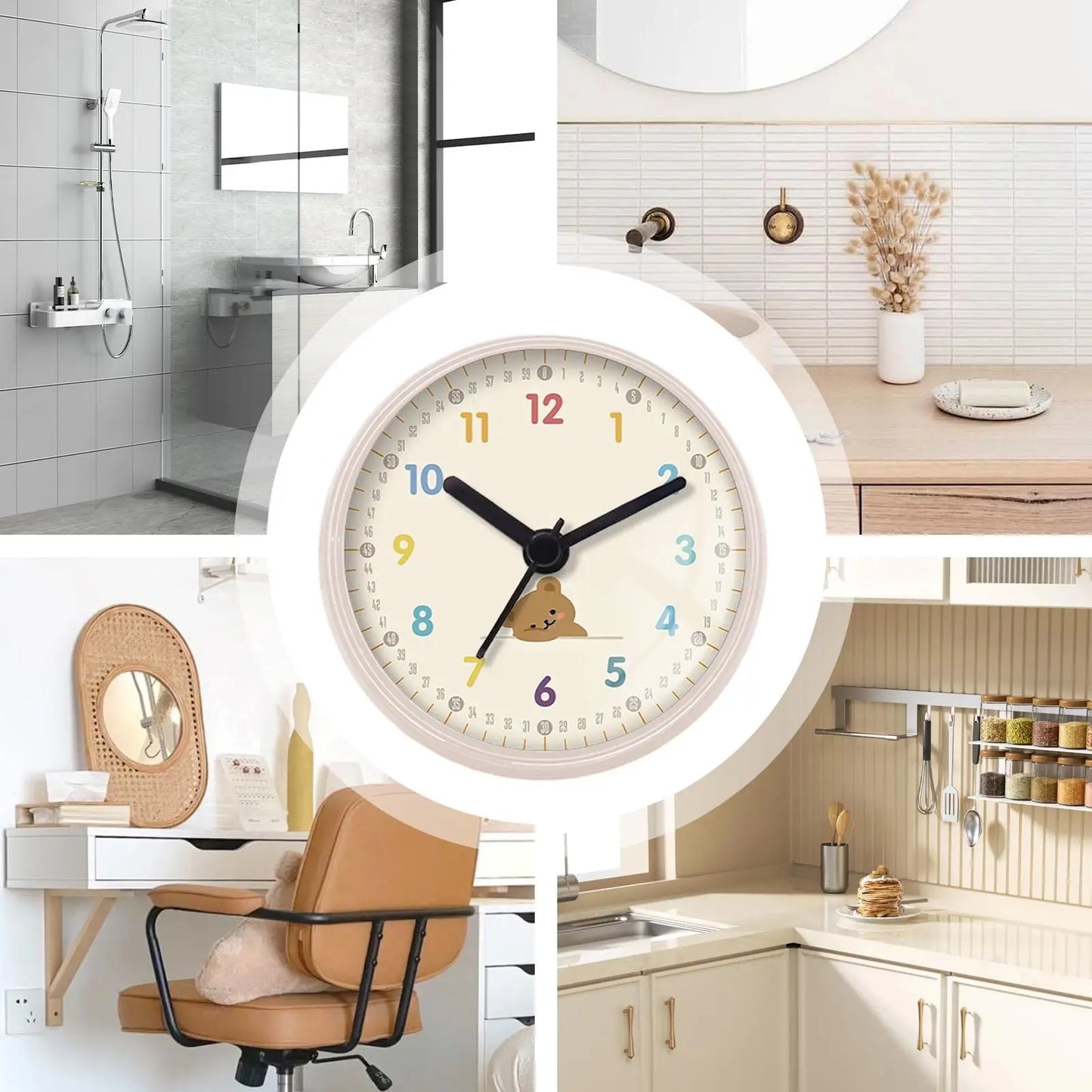 Waterproof Shower Clock Suction Cup Round Bathroom Clock Silent Bear Pattern Wall Decor For Kitchen Toilet Swimming Pool Spa Peaceful Pleasures Health and Wellness
