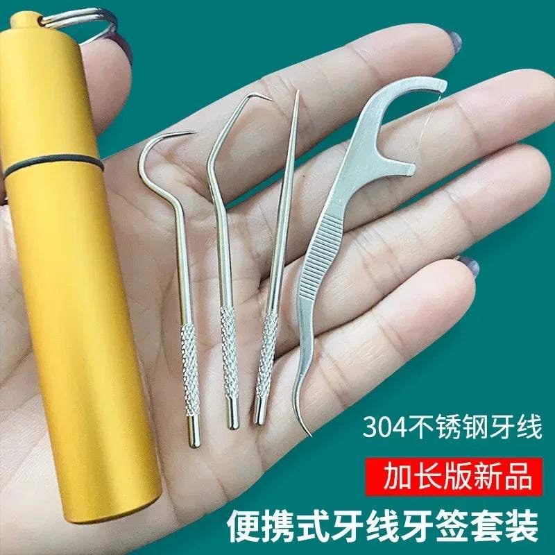 1Set Toothpick Set Metal Stainless Steel Oral Cleaning Tooth Flossing Portable Toothpick Floss Teeth Cleaner with Storage Tube Peaceful Pleasures Health and Wellness gold 4pcs