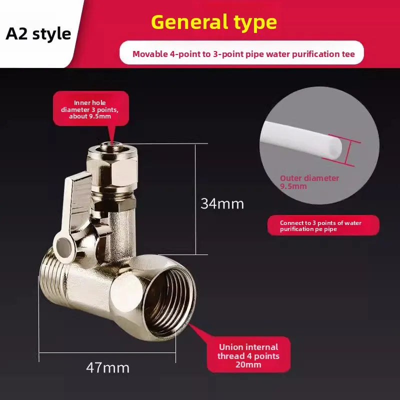 RO Feed Water Adapter 1/2" to 1/4" with Shut-Off Ball Valve Tee