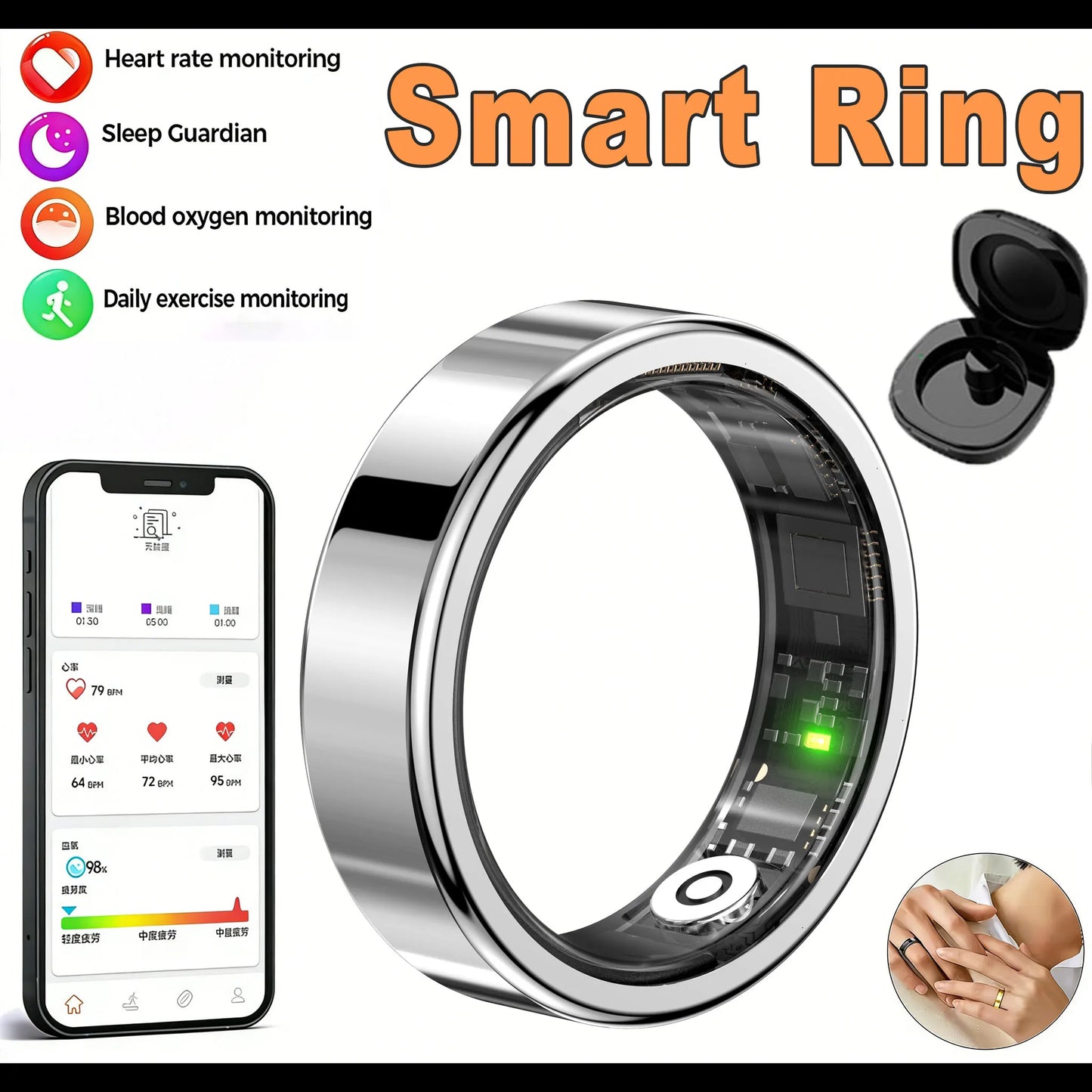 New Smart Ring Bluetooth 2026 IP68$5ATM Waterproof Lightweight Heart Rate&Blood Oxgyen&Sleep Monitoring Men Women Holiday Gifts Peaceful Pleasures Health and Wellness ProSilver 7