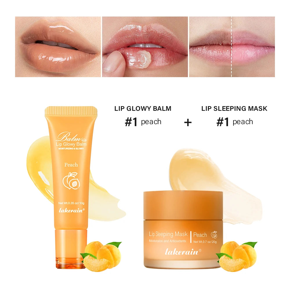 Moisturizing Lip Care Kit Lip Glowly Balm Sleeping Lip Mask Deep Hydrate Night Sleep Mask Reduce Lip Lines Remove Dead Skin Peaceful Pleasures Health and Wellness peach
