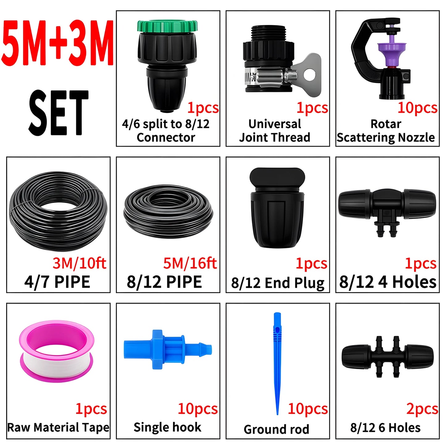 25m-8m Micro Drip Irrigation Kit Thread - Automatic Watering System with 4/6 Split to 8/12 Connector Rotary Scattering Nozzle Peaceful Pleasures Health and Wellness 5M 3M SET