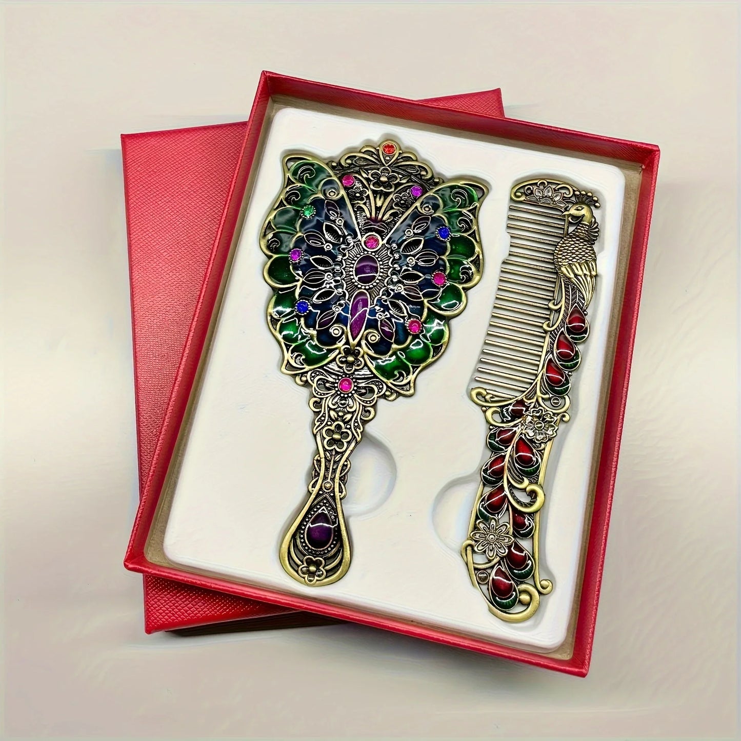 Vintage Peacock Mirror & Comb Set – Rhinestone Metal Gift