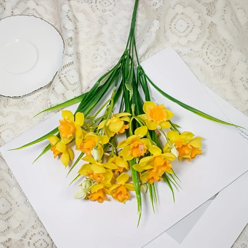 White Yellow Faux Daffodil Bouquet – Artificial Narcissus Flowers