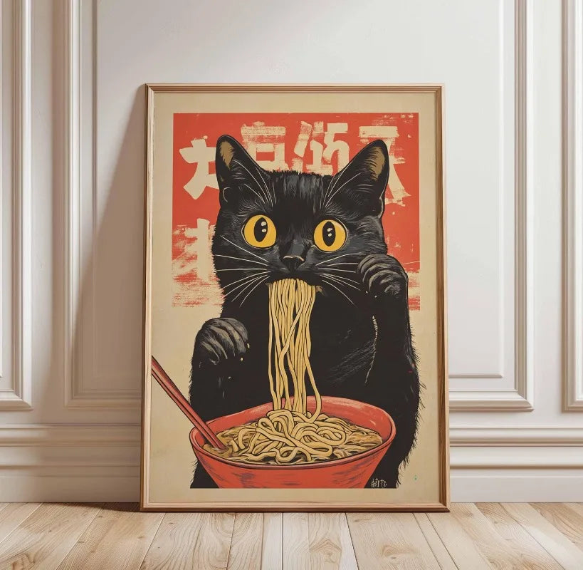 Black Cat Ramen Canvas Wall Art | Japanese Noodle Cat Poster