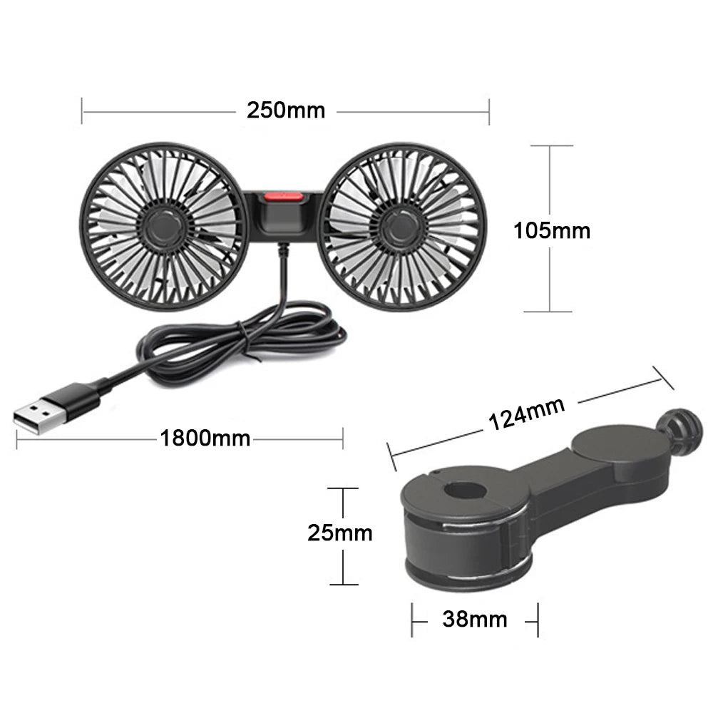 Car Seatback Cooling Fan USB Charging Portable Dual Head 360 Degree