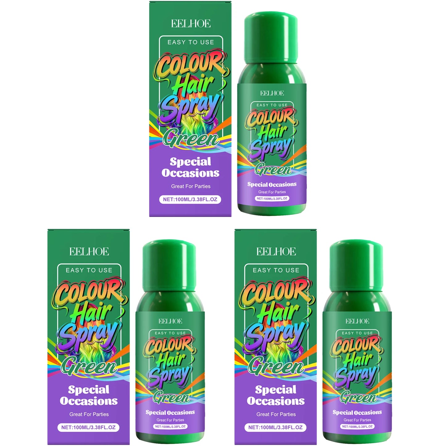 Green Temporary Hair Spray Quickly Create Vibrant Green Hair Color Convenient and Easy to Operate Fashionable Colour Hair Spray Peaceful Pleasures Health and Wellness 3 X 100ml Boxed