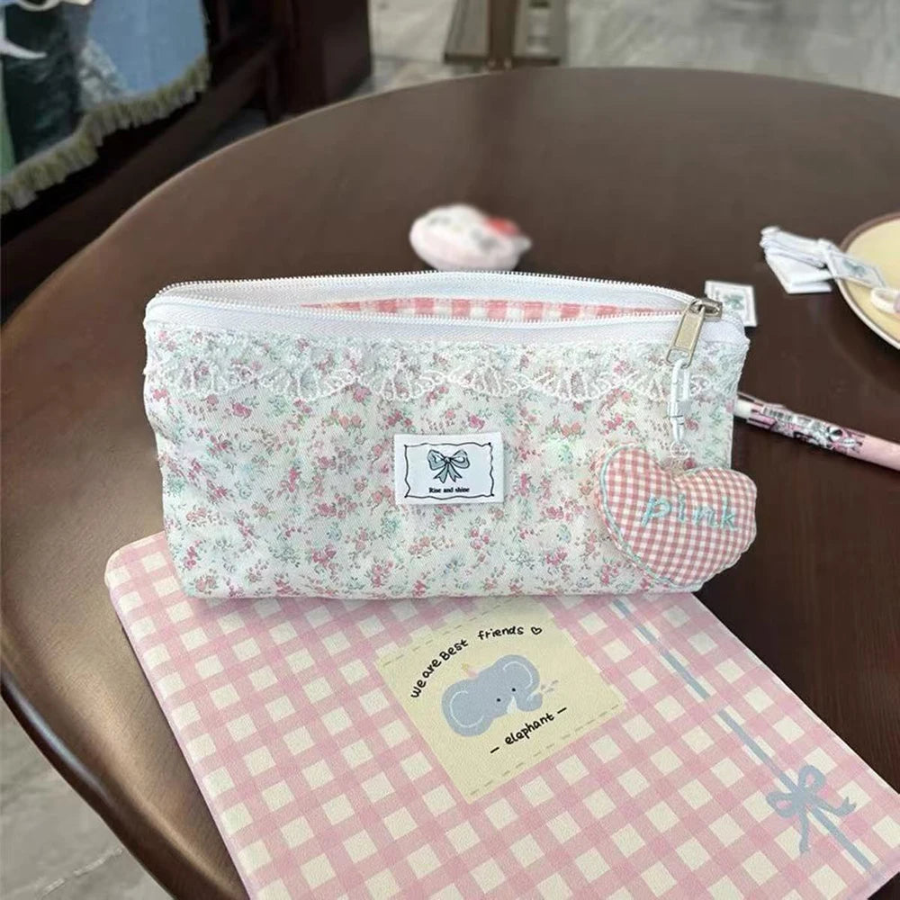 Fresh Lace Pink Floral Bow Pencil Case Ins Student Stationery Storage