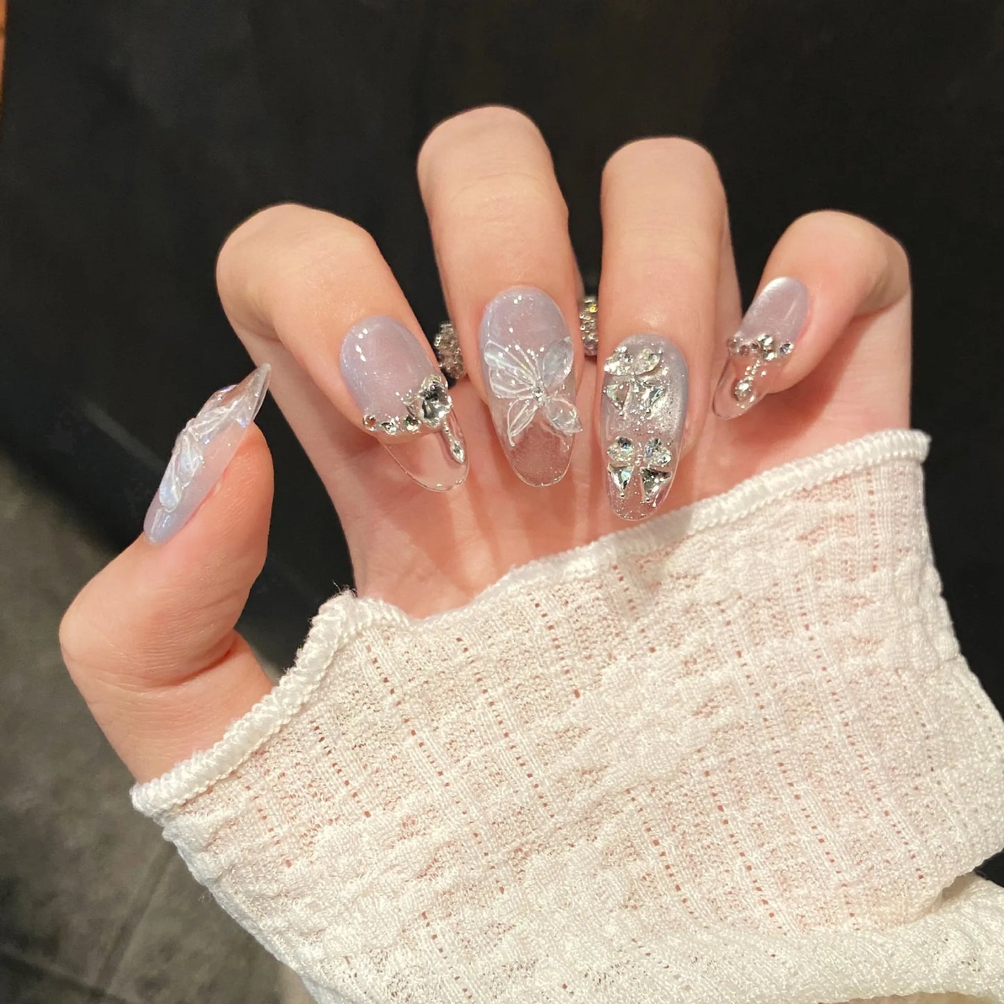 10pcs Handmade Ice Blue Gradient Press on Nails with Butterfly Design Fake Nails Wearable Sweet Summer Fresh Blue Fake Nails Peaceful Pleasures Health and Wellness XS 1