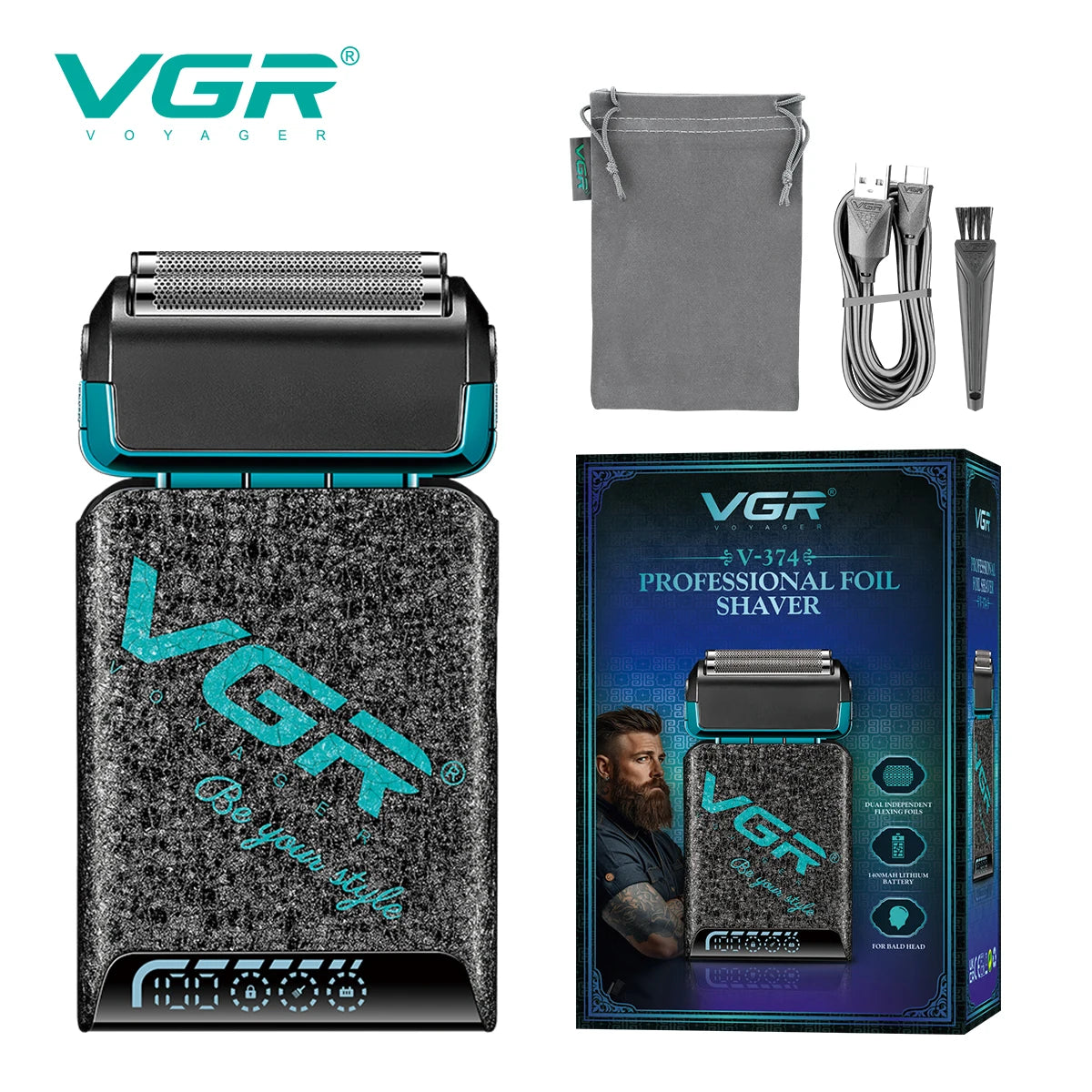 VGR new reciprocating men's shaver gradient color ice crack body high-end shaver intelligent digital hair whitening device V-374 Peaceful Pleasures Health and Wellness USB 1