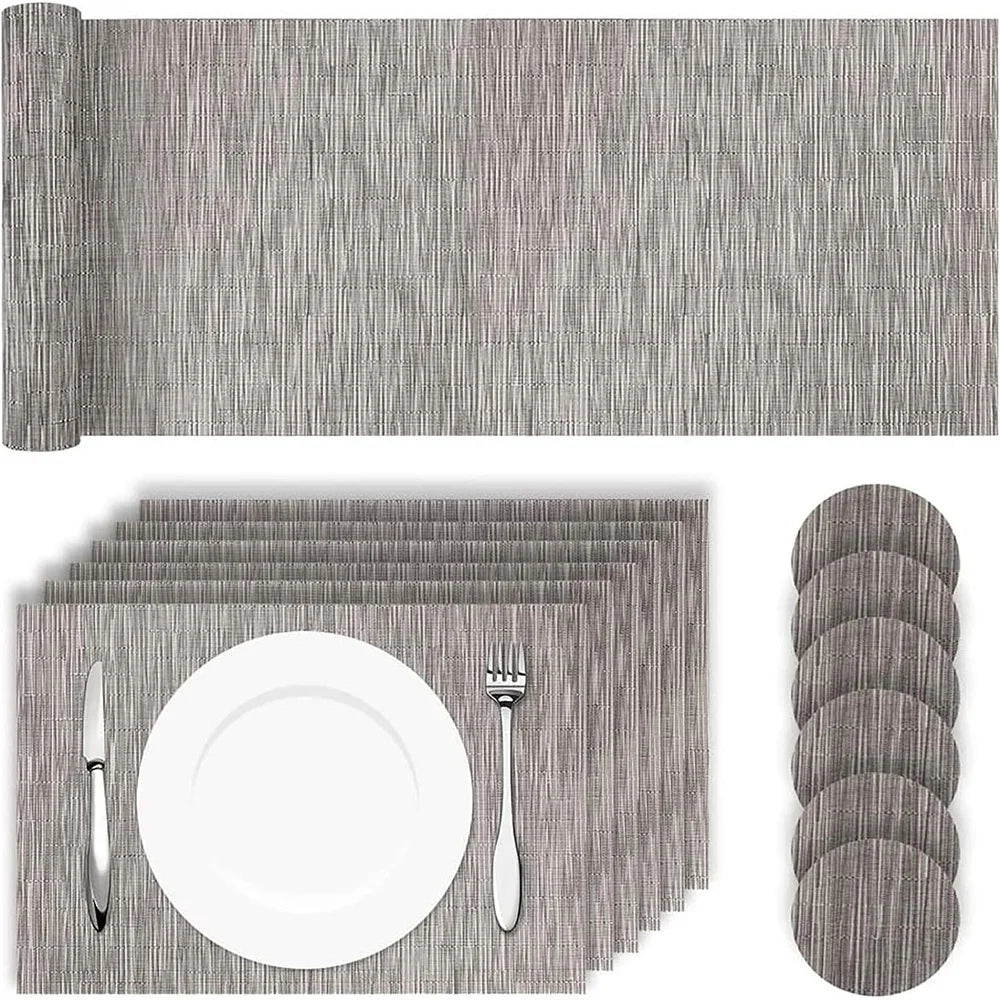 PVC Placemats Set Washable Dining Table Mats Set Tear-proof Heat Resistant 6 x Place Mats 6 x Coasters and 1 x Table Runner Peaceful Pleasures Health and Wellness Sliver Grey