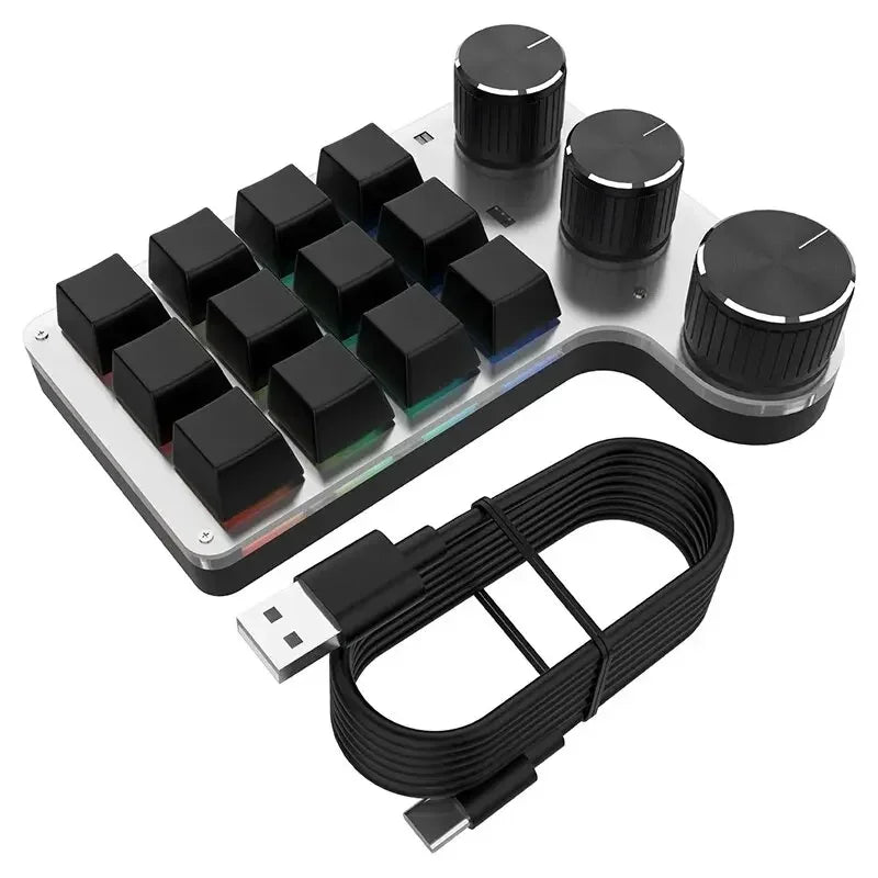 Mini Bluetooth Programming Macro Custom 3 Knob Keyboard RGB 12Key Copy Paste Photoshop Gaming Keypad Mechanical Hotswap Macropad Peaceful Pleasures Health and Wellness Black Bluetooth