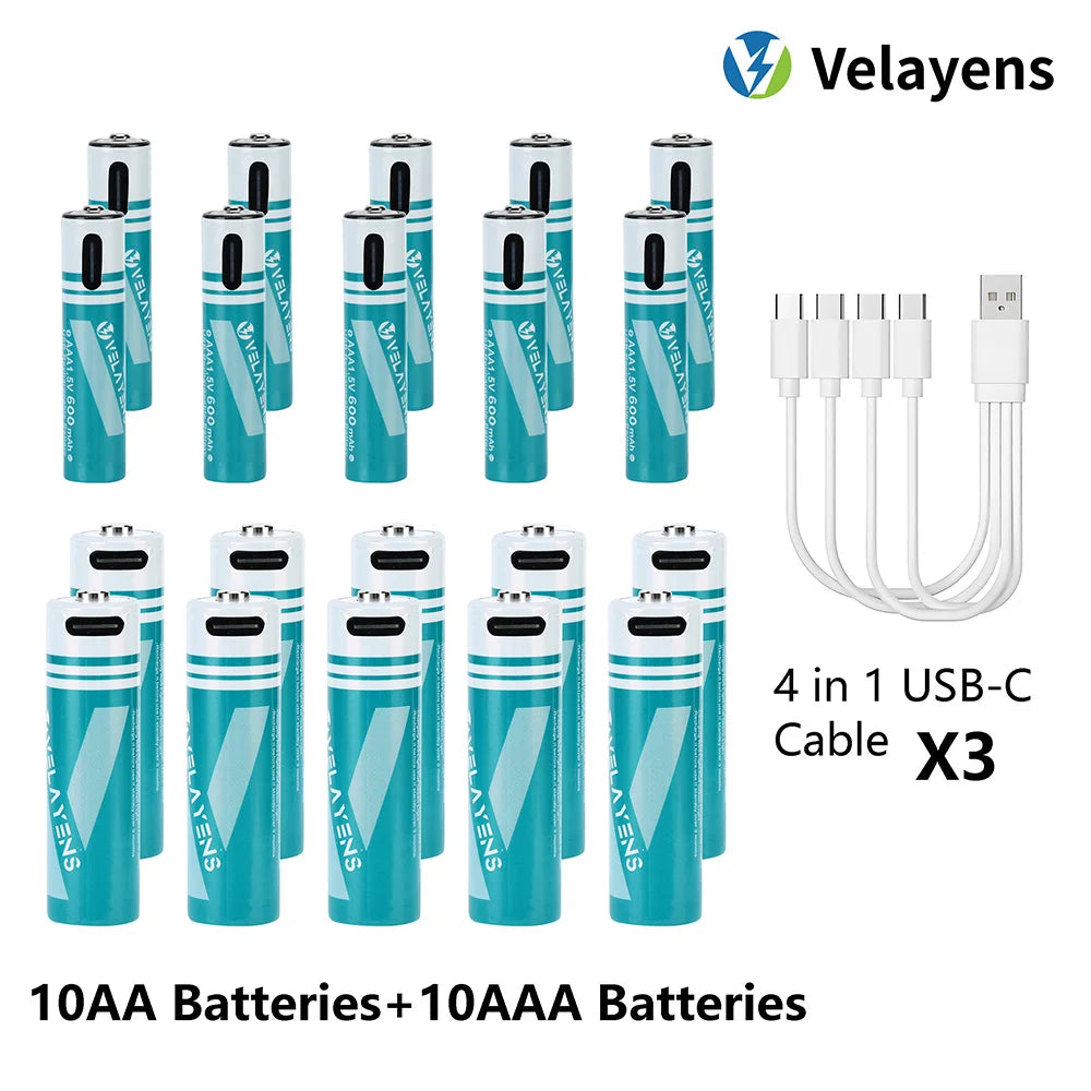 1.5V USB Rechargable Lithium Battery AA 2200mAh + AAA 600mAh Actual Capacity Fast Charging 2000+ Charge Cycles Peaceful Pleasures Health and Wellness 10AA 10AAA
