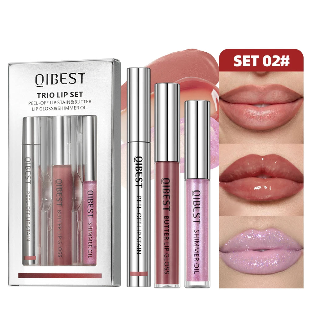 QIBEST 3pcs Multifunctional Makeup Sets Peel Off Lip Stain,Lip Glaze,Shimmer Lip Oil Long Lasting Lip Gloss Tint Cosmetics Kits Peaceful Pleasures Health and Wellness SET 02