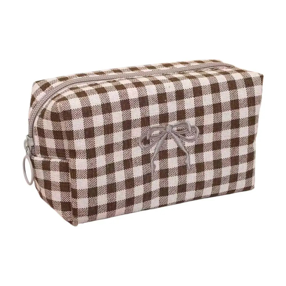 1Pcs Makeup Bag Gingham Plaid Cosmetic Pouch Large capacity Makeup Organizer Portable Travel Toiletry Bag For Women Daily Use Peaceful Pleasures Health and Wellness Brown