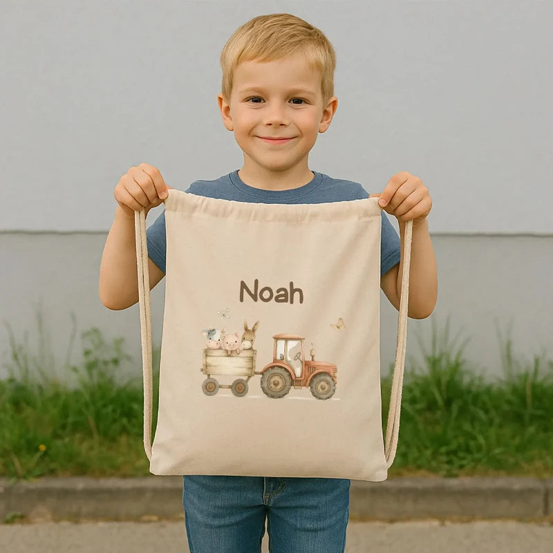 Personalized Tractor Drawstring Backpack | Custom Kids Name Bag
