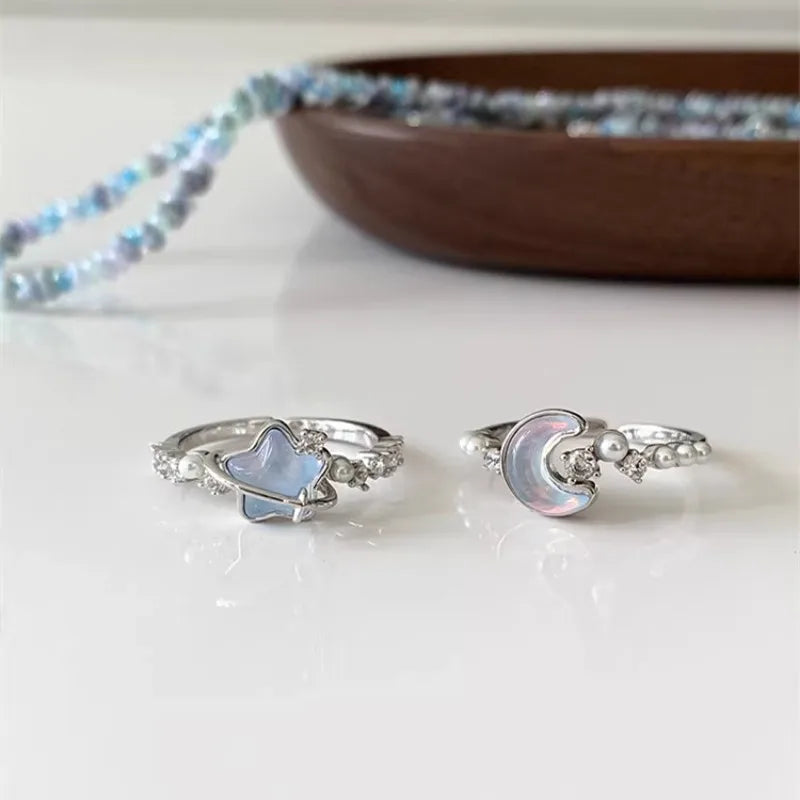 Exquisite Blue Star Moon Zircon Ring for Women Niche Design Accessory Peaceful Pleasures Health and Wellness